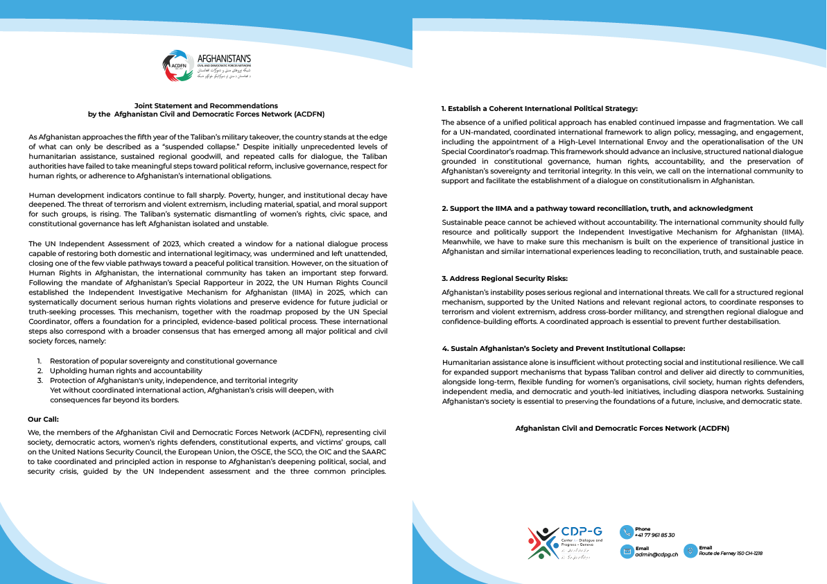 Joint Statement and Recommendations by the Afghanistan Civil and Democratic Forces Network (ACDFN)